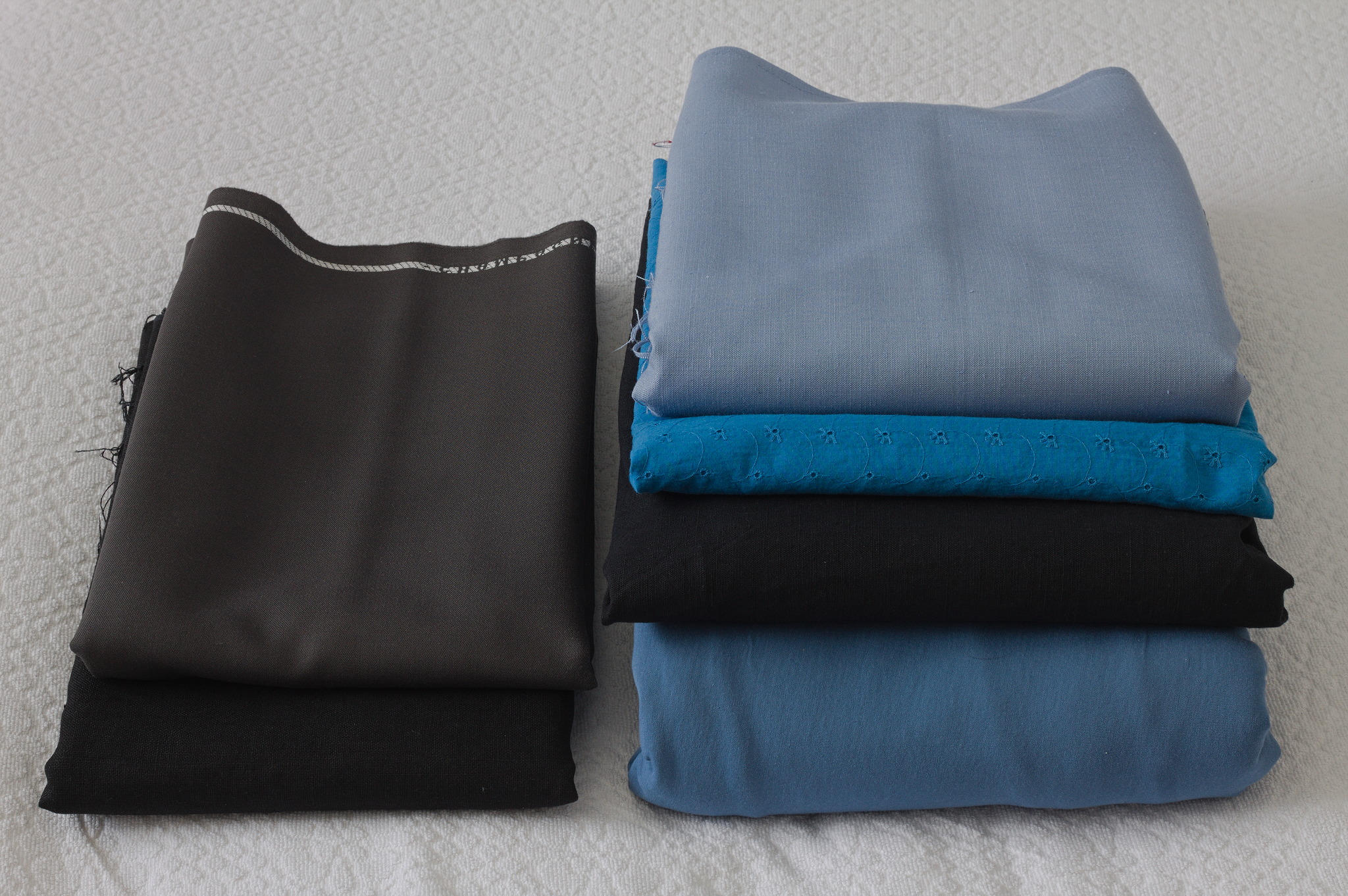 A surprisingly small pile of fabric; everything is blue or
black.