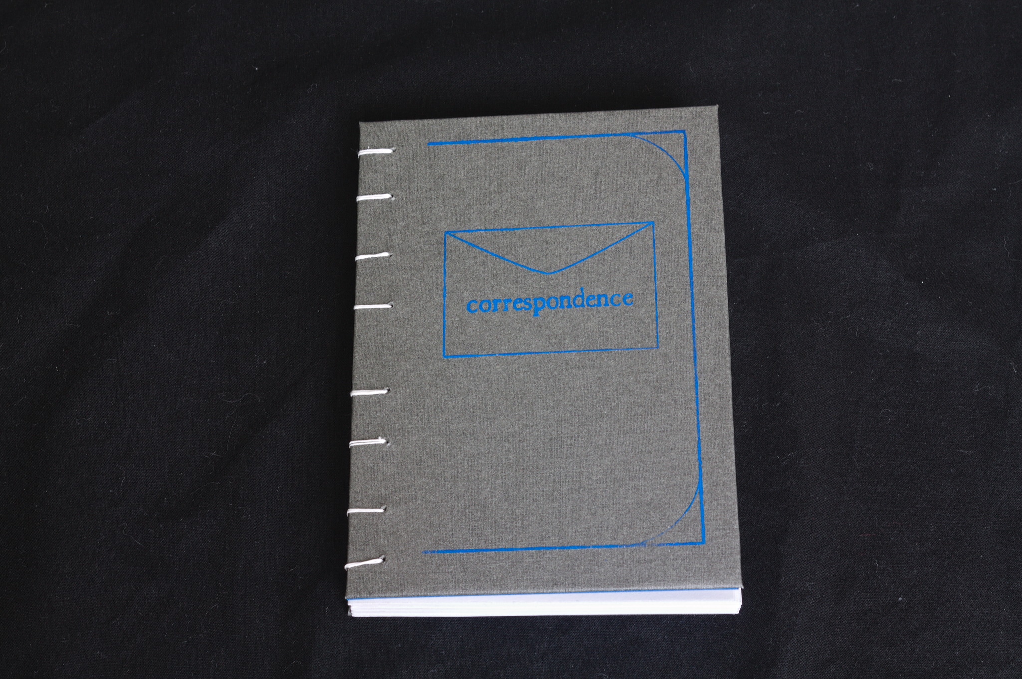 The grey cover of the book with the word correspondence, a stylised envelope and a border in blue.