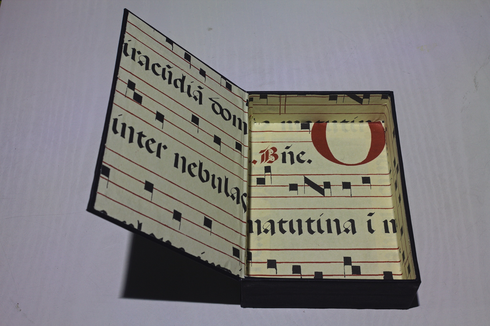 An open cardboard box, showing the lining in paper printed with a medieval music manuscript.