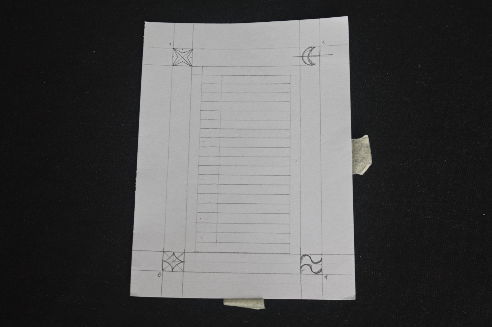 A template on white paper with pencil lines where text is supposed to go.