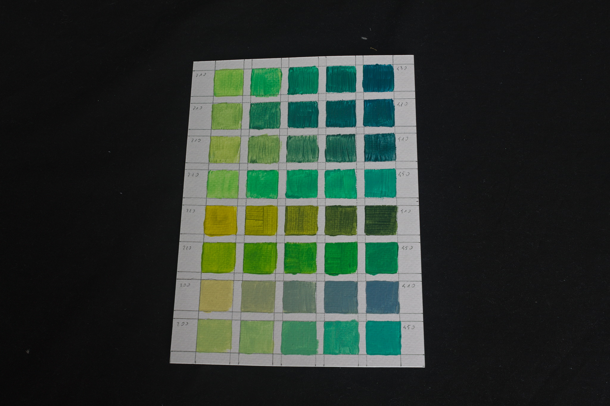 A sheet of colour tests with mixes of various yellows and
blues.