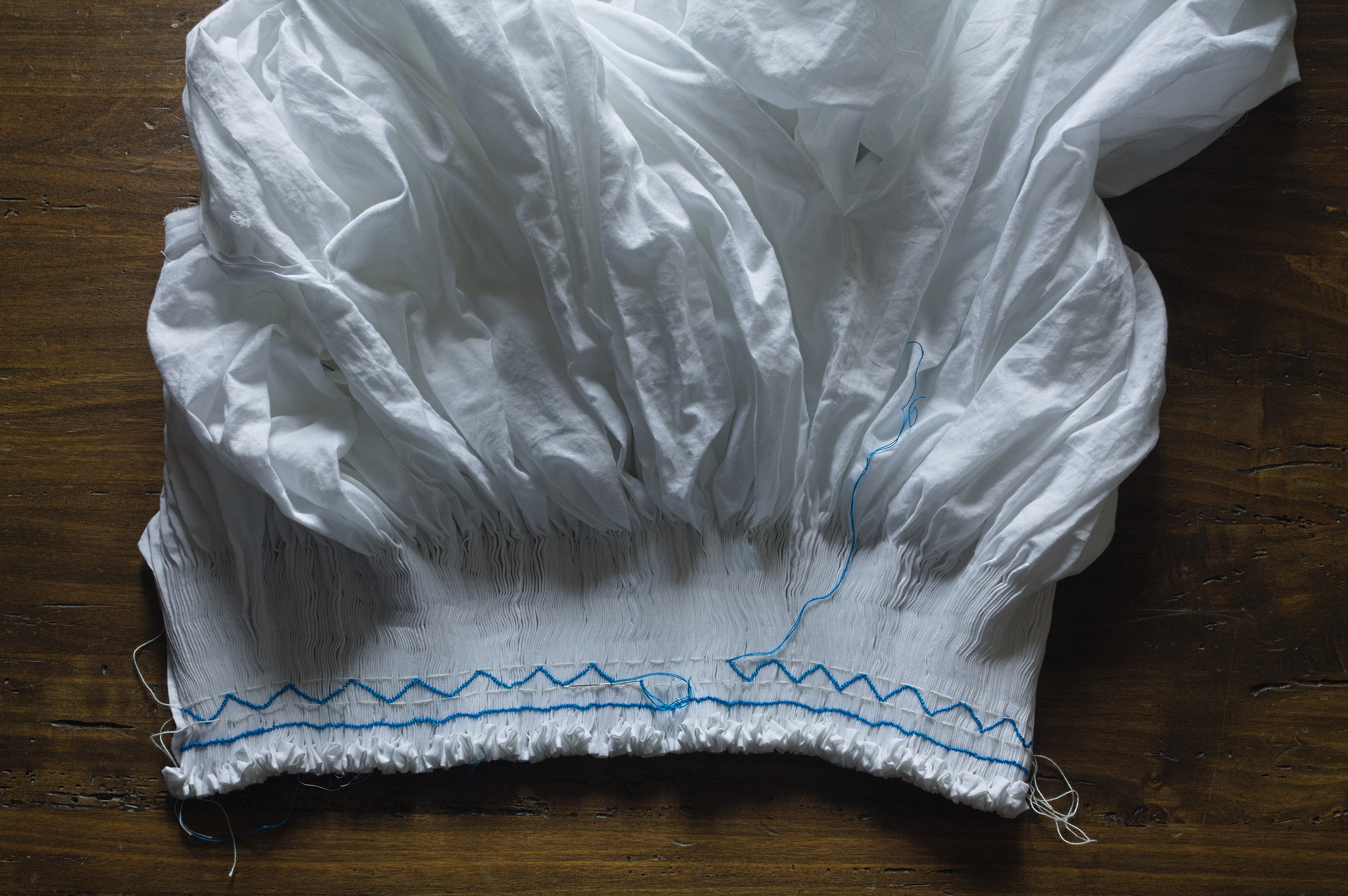 detail of the smocking in progress on the collar, showing the
lines of basting thread I used as a reference, and the two in
progress zig-zag lines being worked from each side.