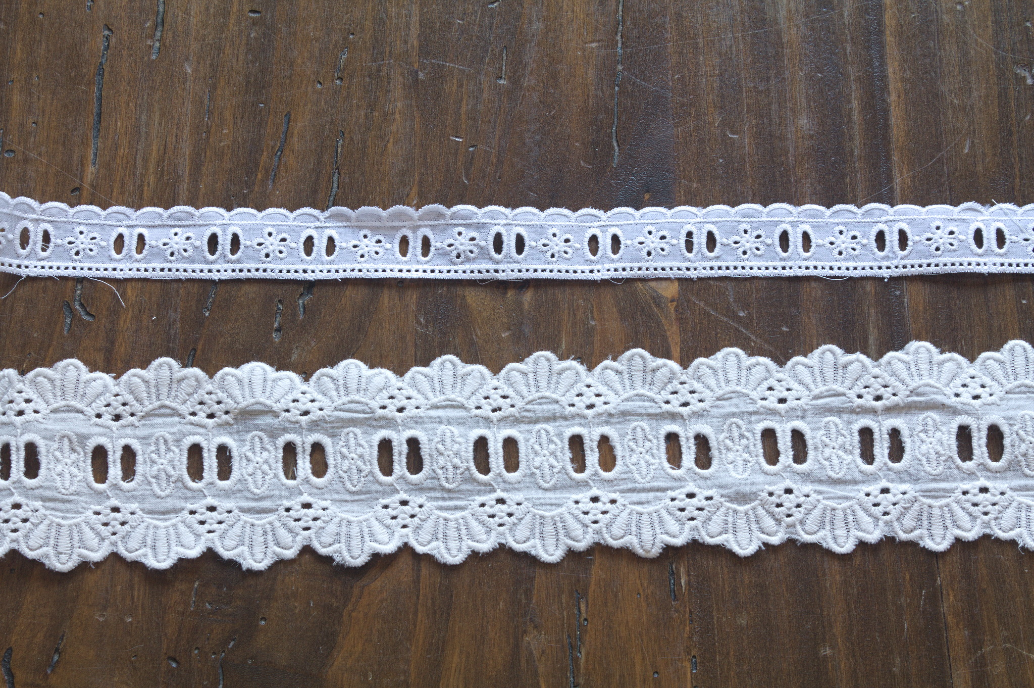 Two white beading laces made of fabric with machine whitework:
the top one is narrow, with just the holes for ribbon, small
flowers between each couple of holes, a straight line with small
holes in the middle at the bottom and small scalloped edges at the
top. The bottom one is significantly taller, with bigger holes,
scalloped edges on both sides that give a look of oval medallions
which in turn have scalloped edges.